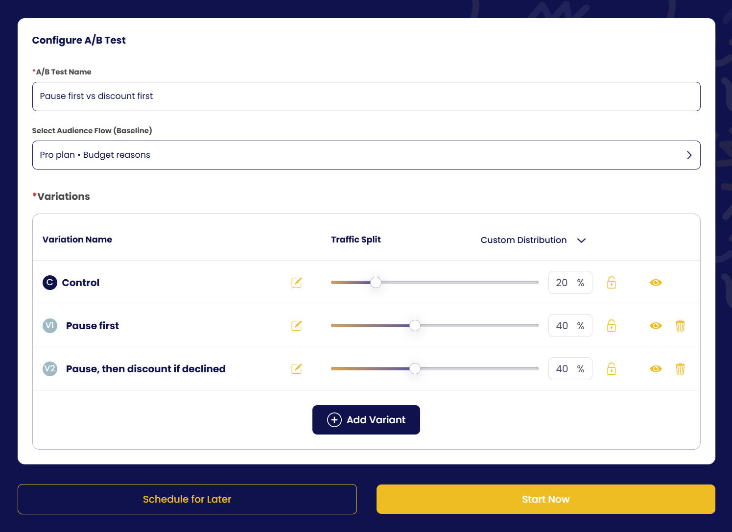 Example: configuring an experiment with a control and two variants on a custom traffic split.