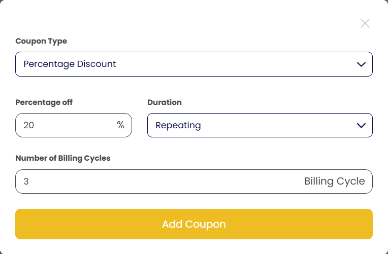 Creating a coupon offer: percentage off, duration and billing cycles.