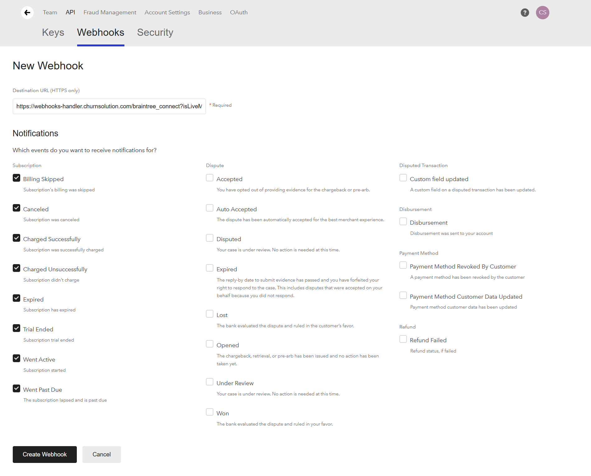 New webhook in Braintree with all subscription events enabled.