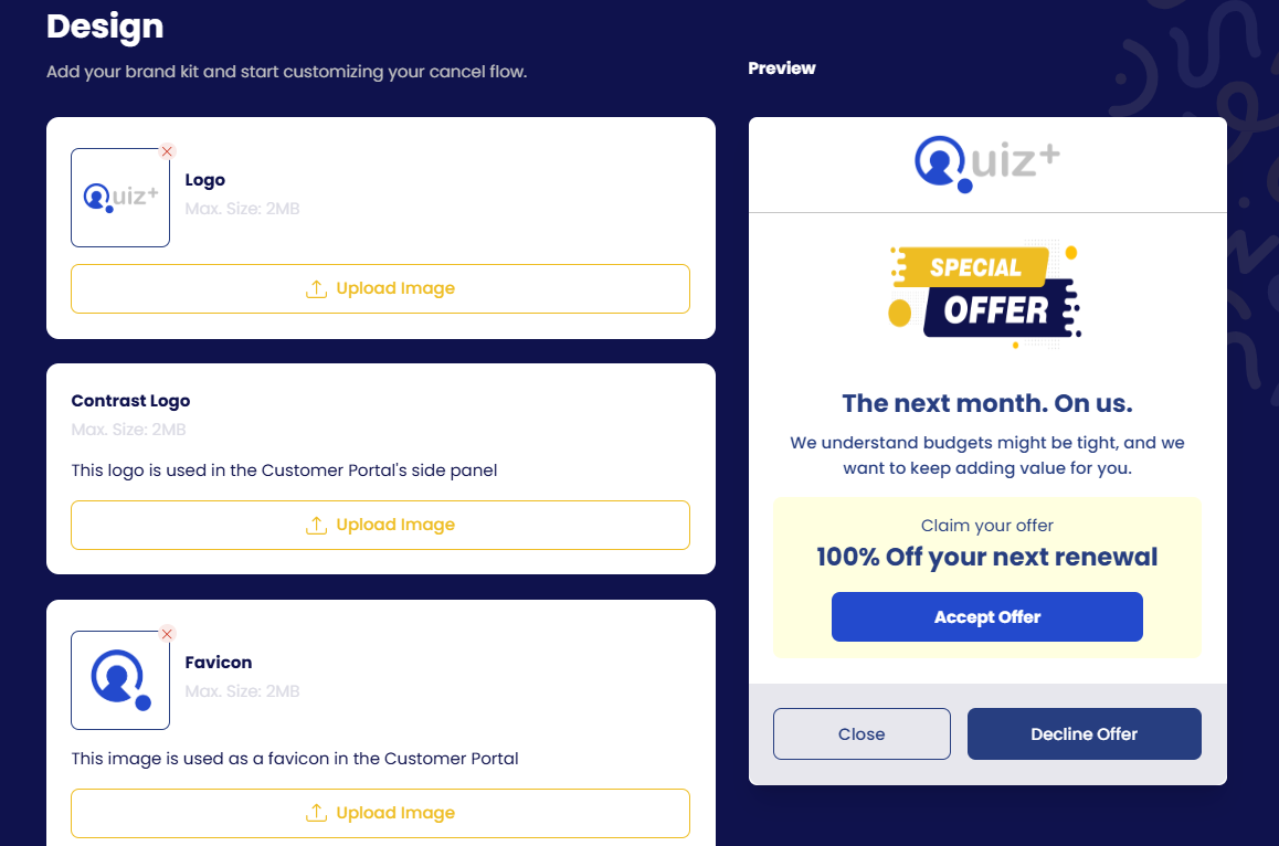 The Design page: upload your logo, contrast logo and favicon, and see the flow preview update.