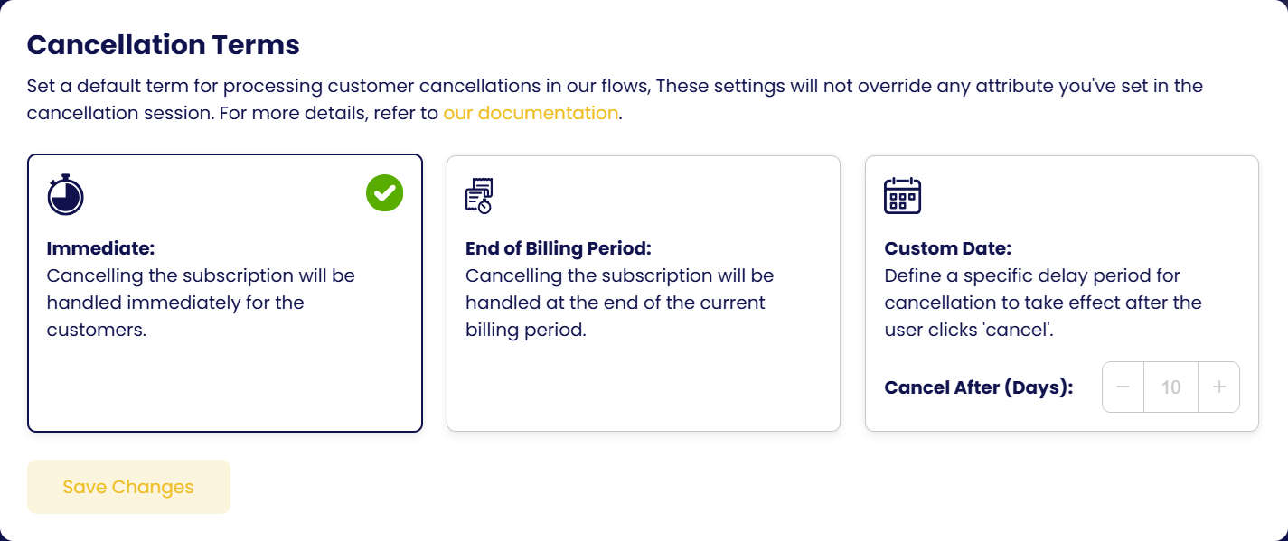 Cancellation terms on the configuration page: Immediate, End of Billing Period and Custom Date.
