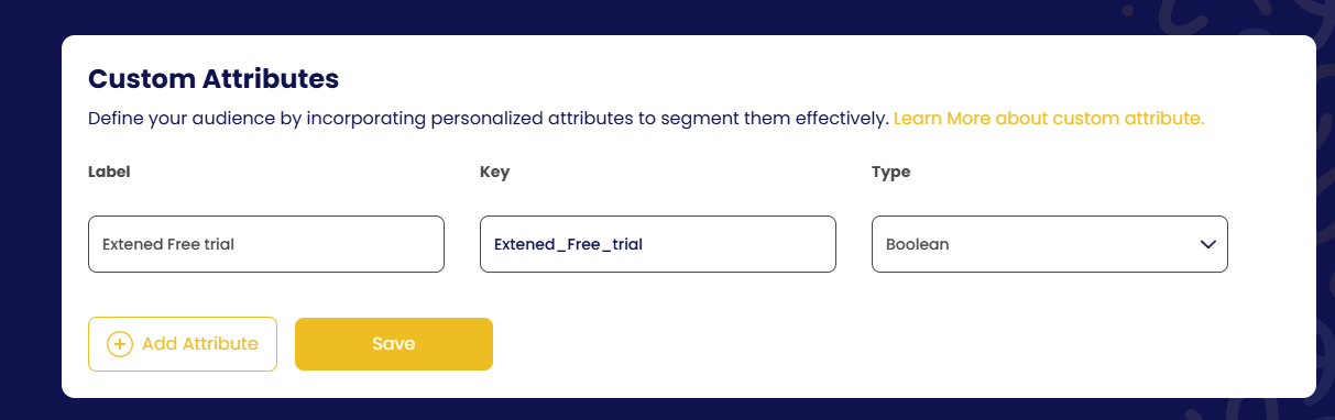 Custom Attributes: label, key and type.