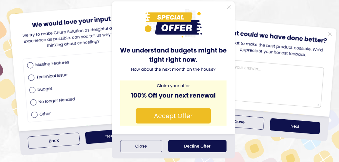 A cancellation flow: exit survey, save offer and free-form feedback.