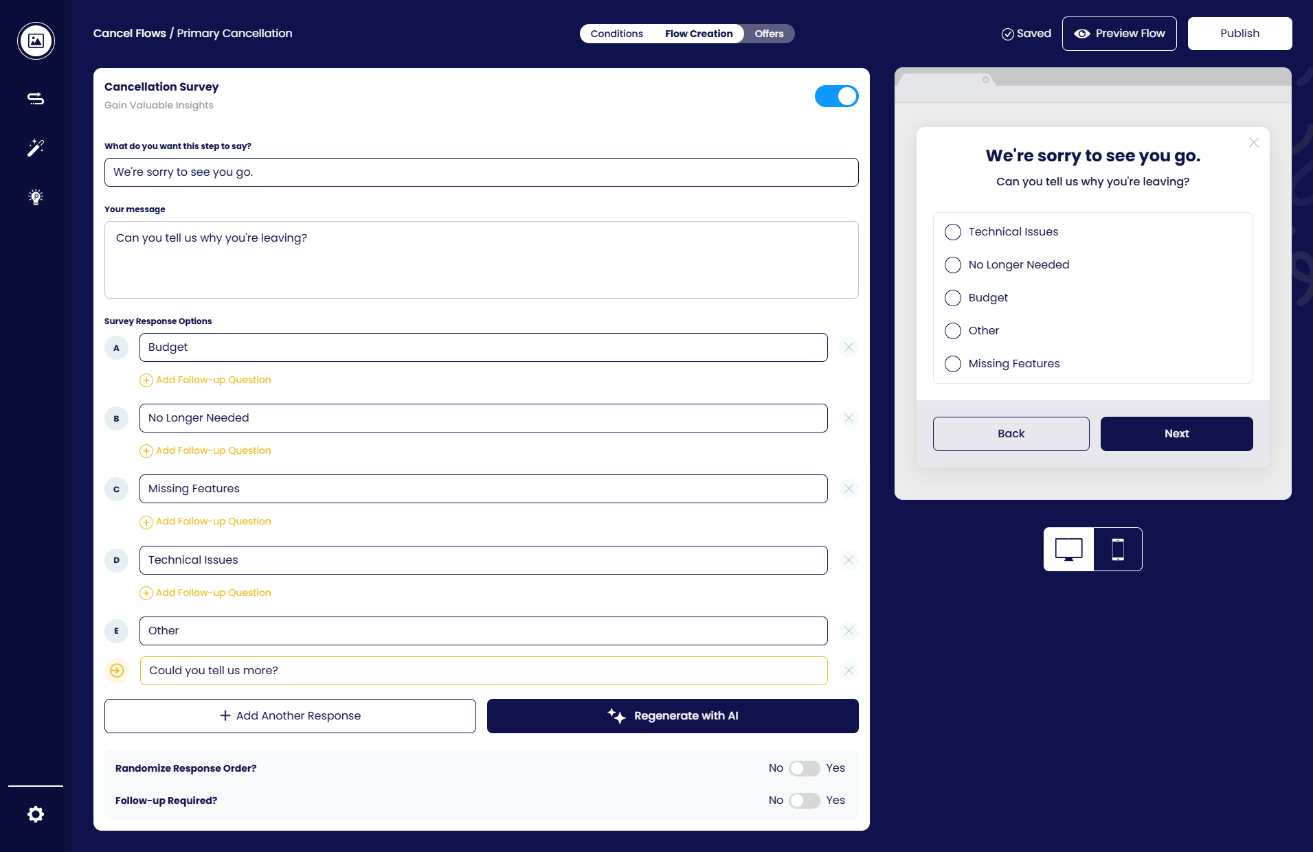 The Cancellation Survey step in the flow builder, with a follow-up question per reason and the live preview.