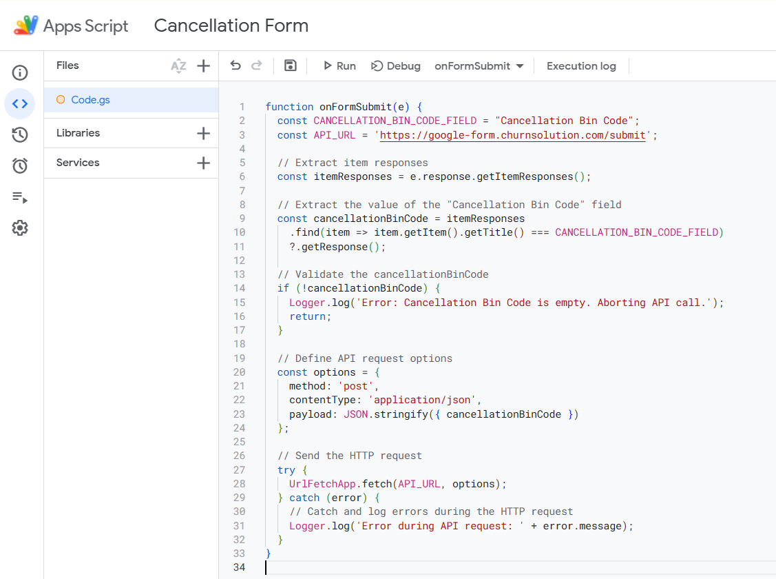 The script pasted into the Script editor.