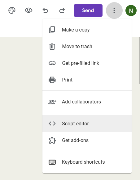 Opening the Script editor from the form menu.