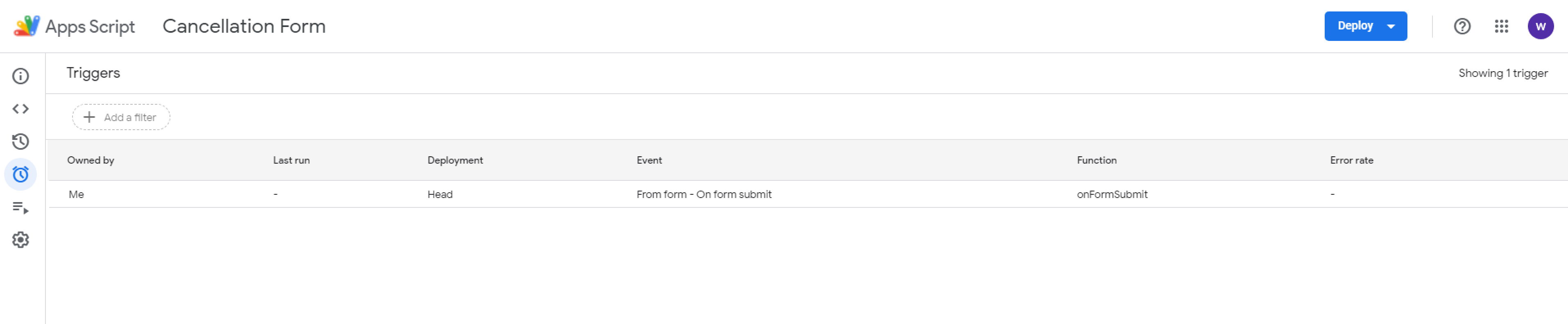 The saved trigger on the triggers page.