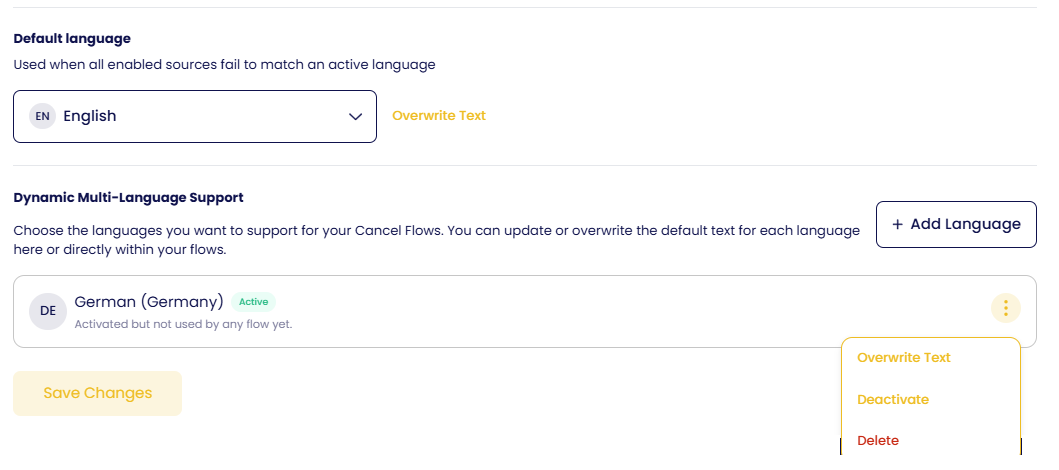 Default language and the list of supported languages, each with Overwrite Text, Deactivate and Delete.