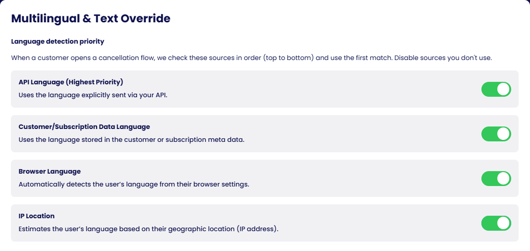 Language detection priority, each source can be switched off.