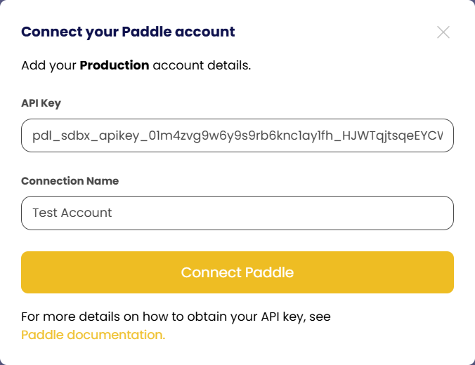 Connect your Paddle account dialog in Churn Solution.