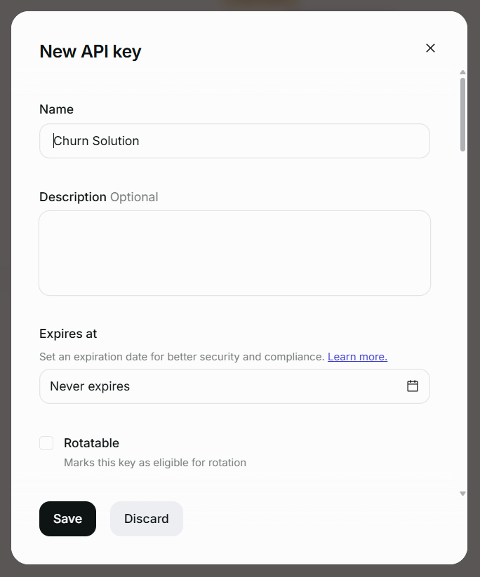 Creating a new API key in Paddle, named Churn Solution and set to never expire.