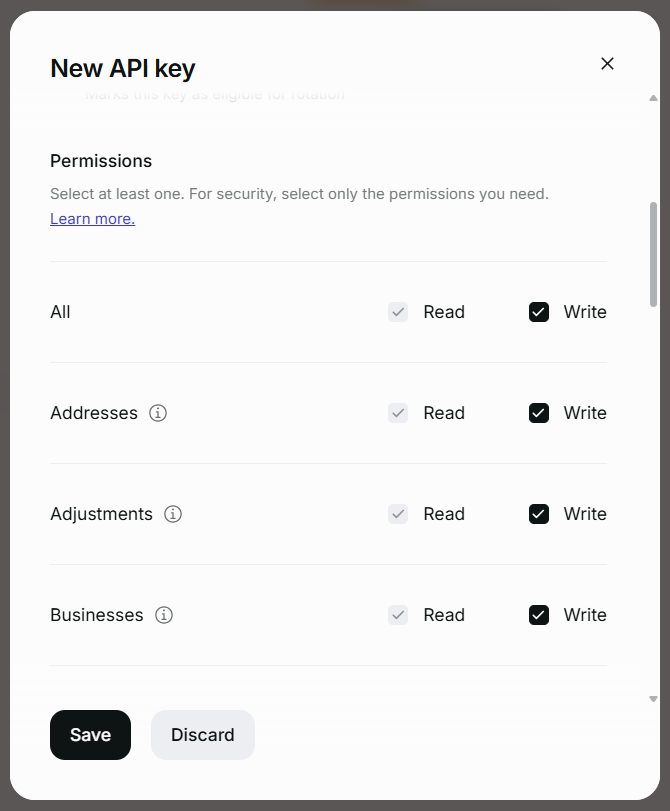 Permissions section of the New API key dialog with Write enabled on All.