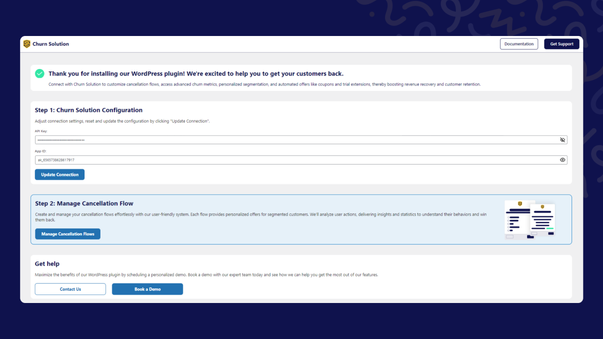 The plugin configuration page with API key and App ID.