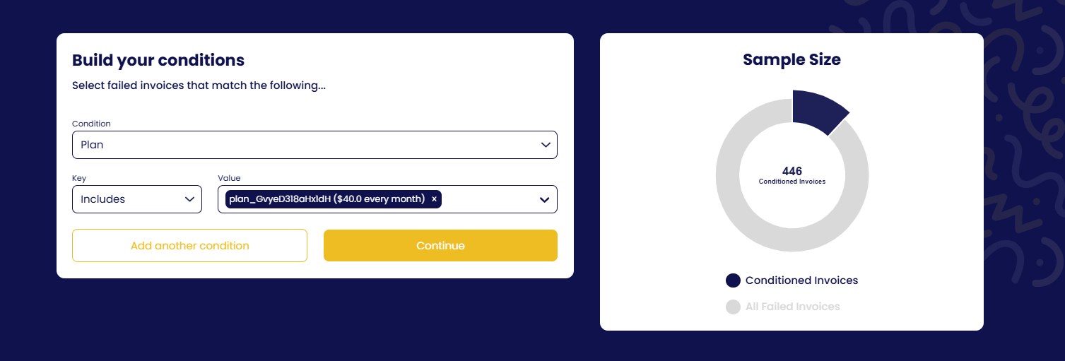 Campaign conditions: select the failed invoices this campaign applies to.