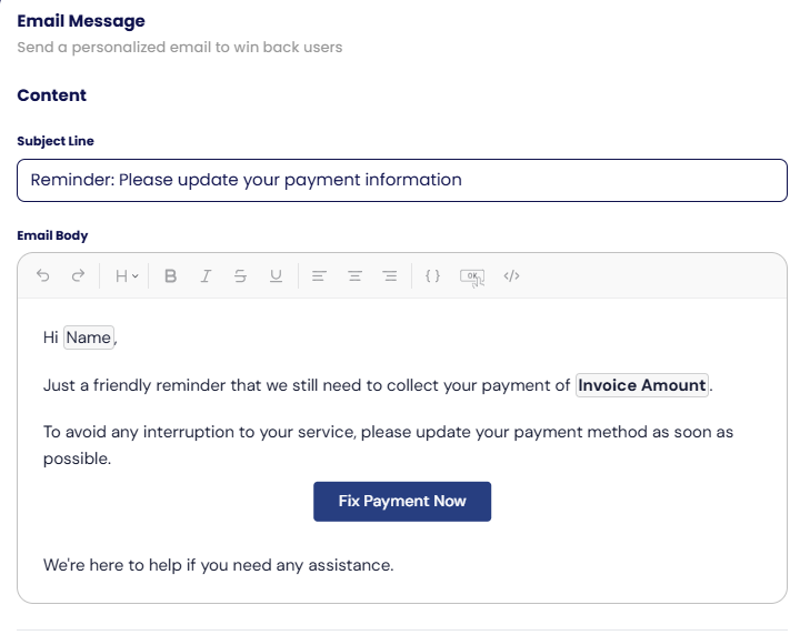 Email content with variables and the payment button.