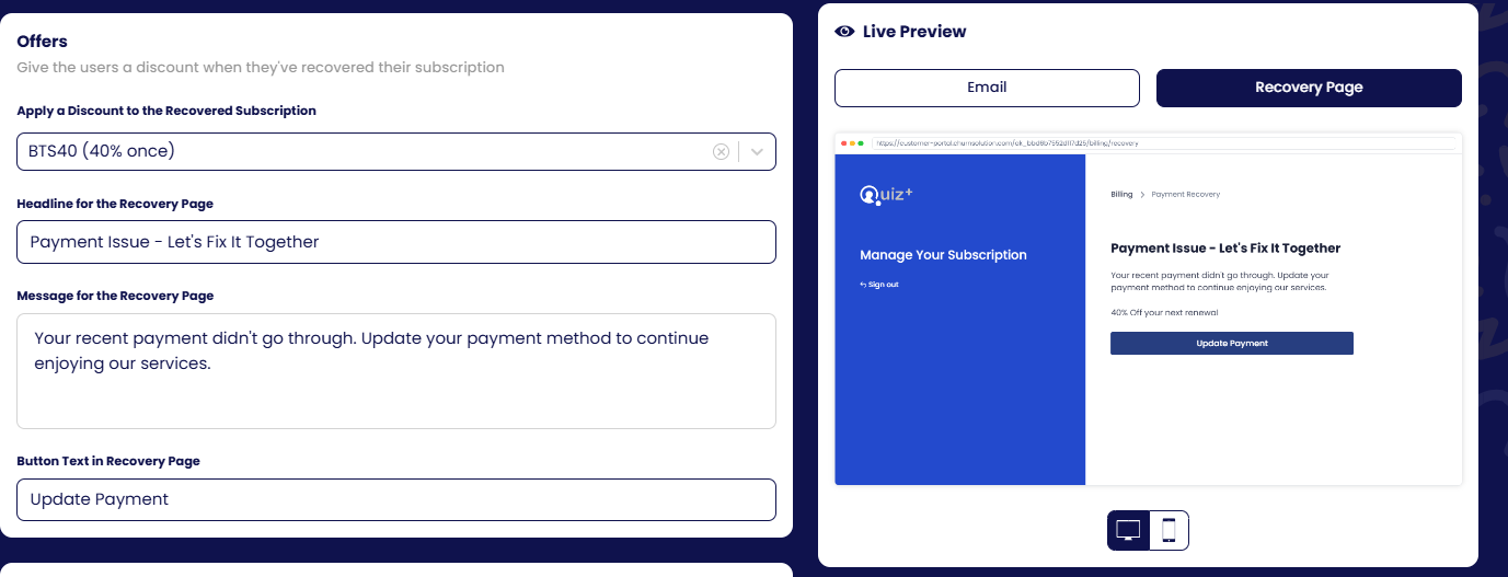 Offer and recovery page copy, with the live preview.