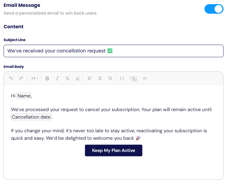 Email message editor with the Name and Cancellation date variables and the resume button.