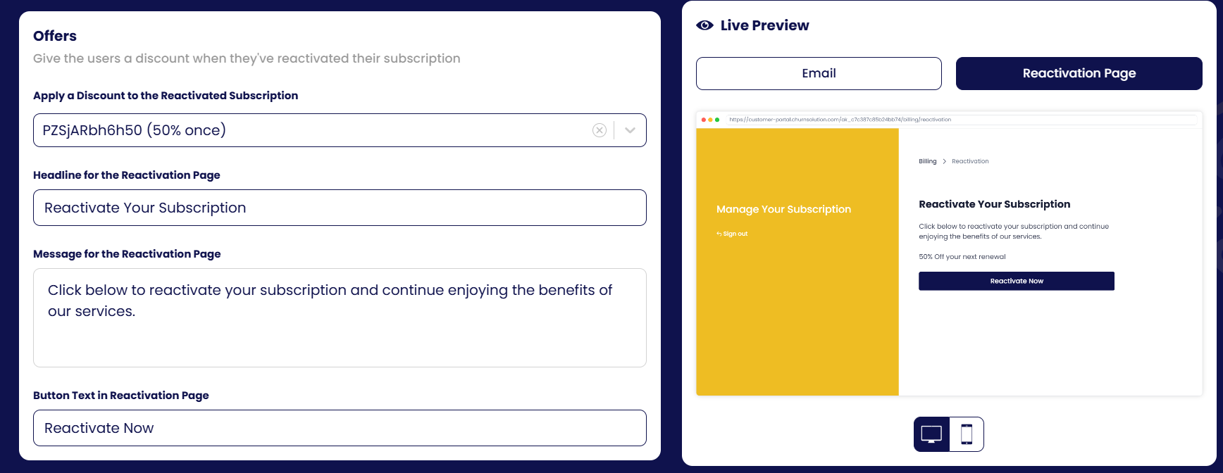 Offer and reactivation page copy, with the live preview.