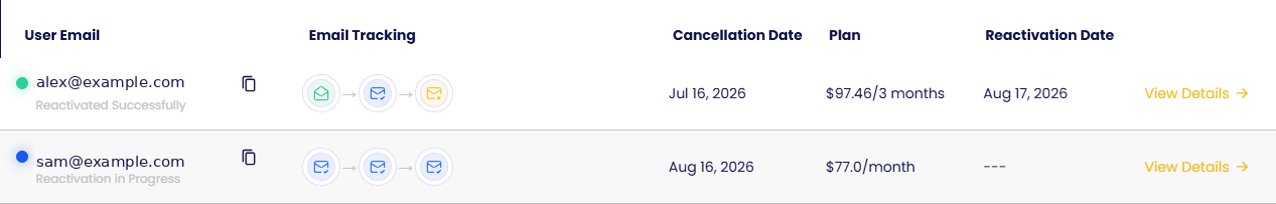 Email tracking per customer: message status per step, cancellation date, plan and reactivation date.