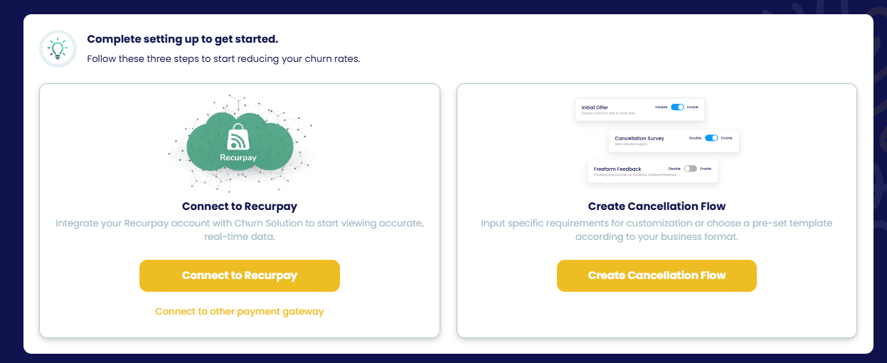 The two steps shown on the Churn Solution dashboard after sign-up