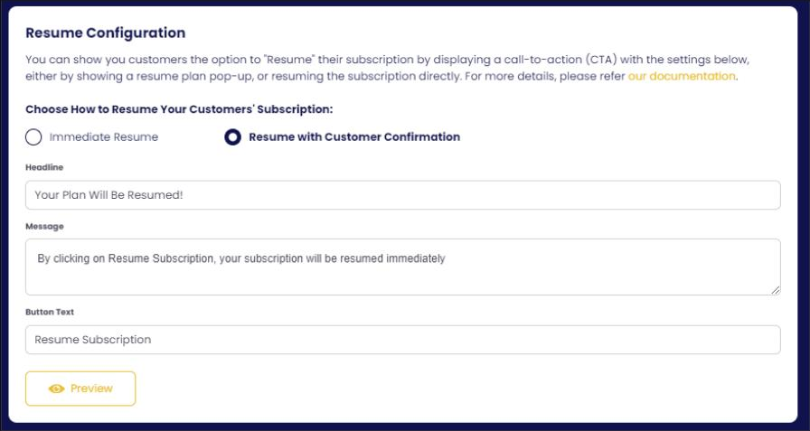 Resume settings on the configuration page.
