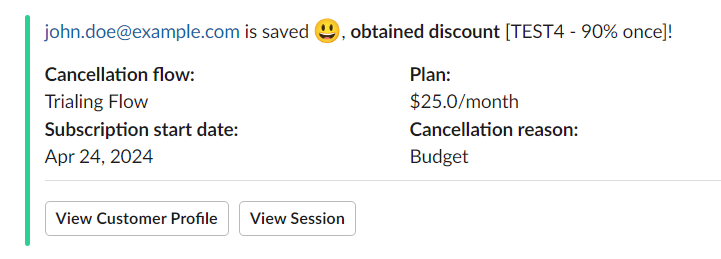A session notification in Slack: outcome, flow, plan, start date and cancellation reason, with links to the customer and the session.