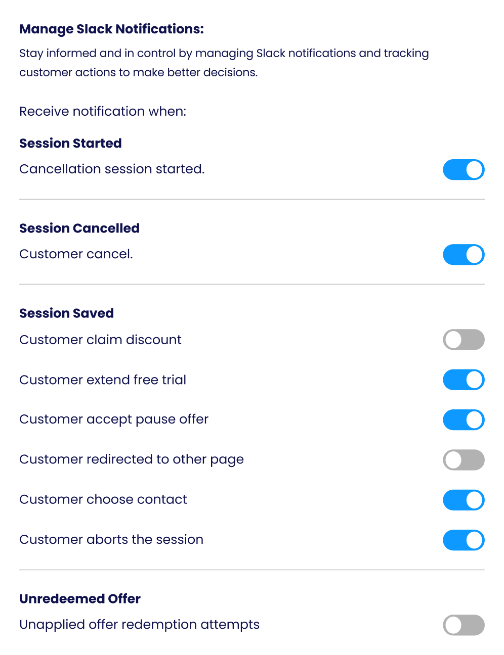 Manage Slack notifications: choose which events post to the channel.