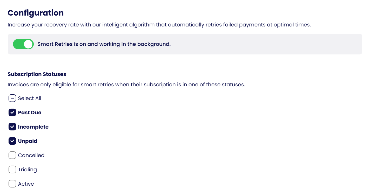 Configuration: the Smart Retries toggle and eligible subscription statuses.