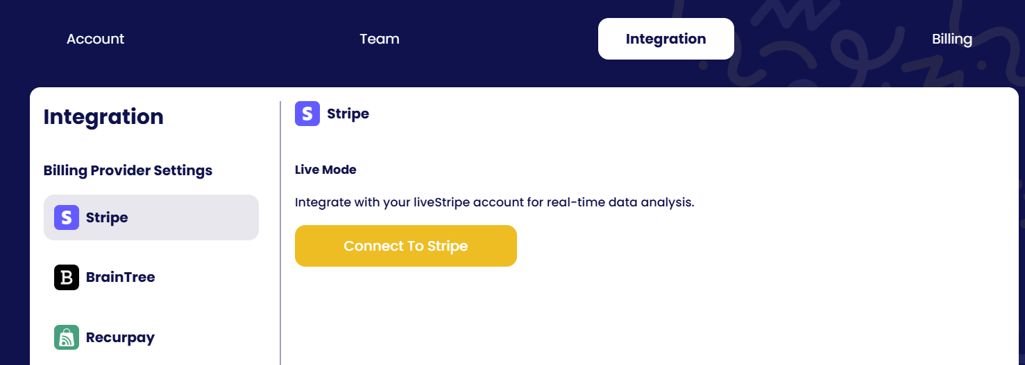 Settings → Integration: Connect To Stripe