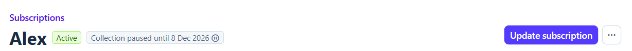 A paused subscription in Stripe: collection paused until the resume date