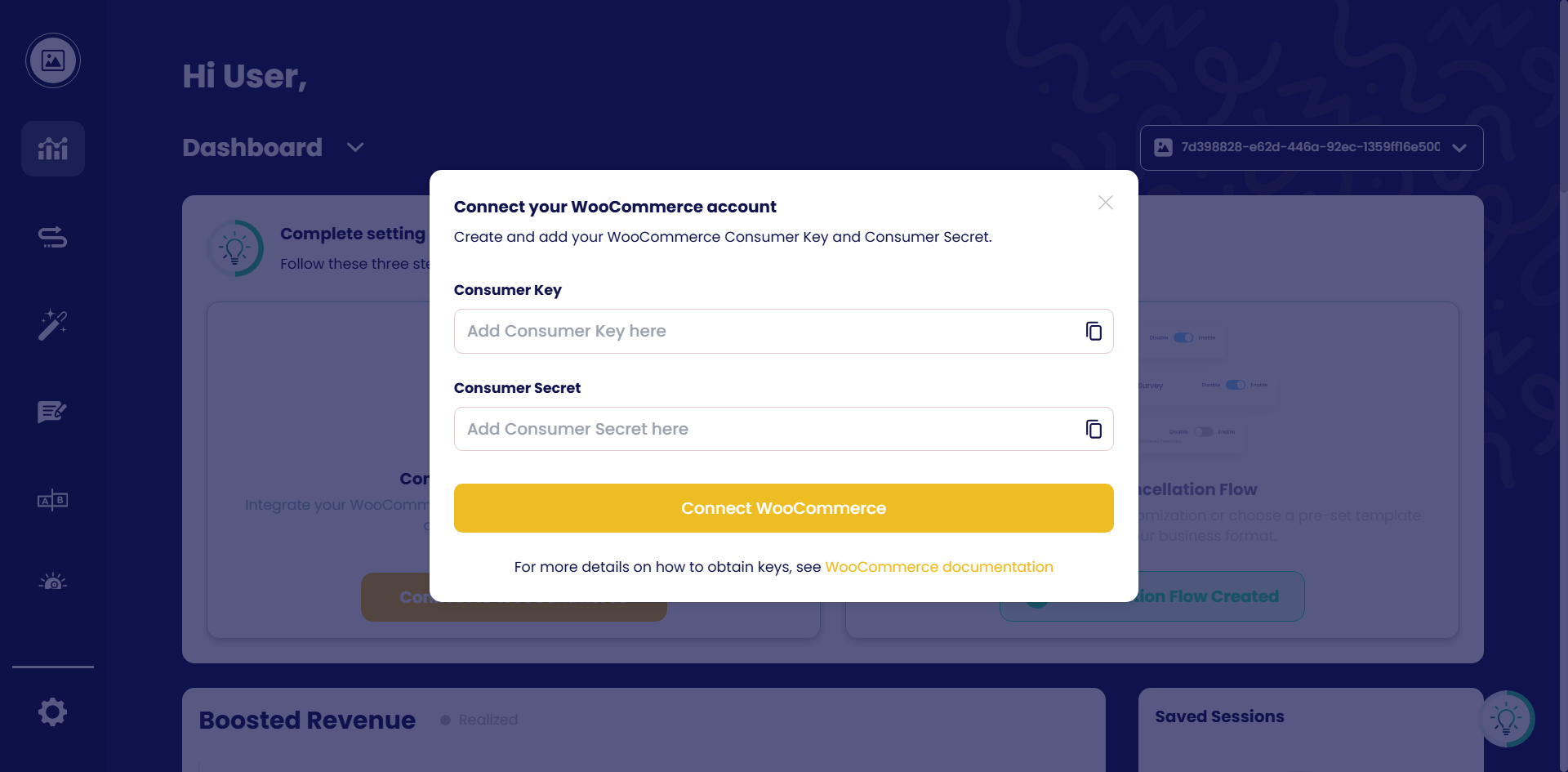 Entering the WooCommerce Consumer Key and Consumer Secret.