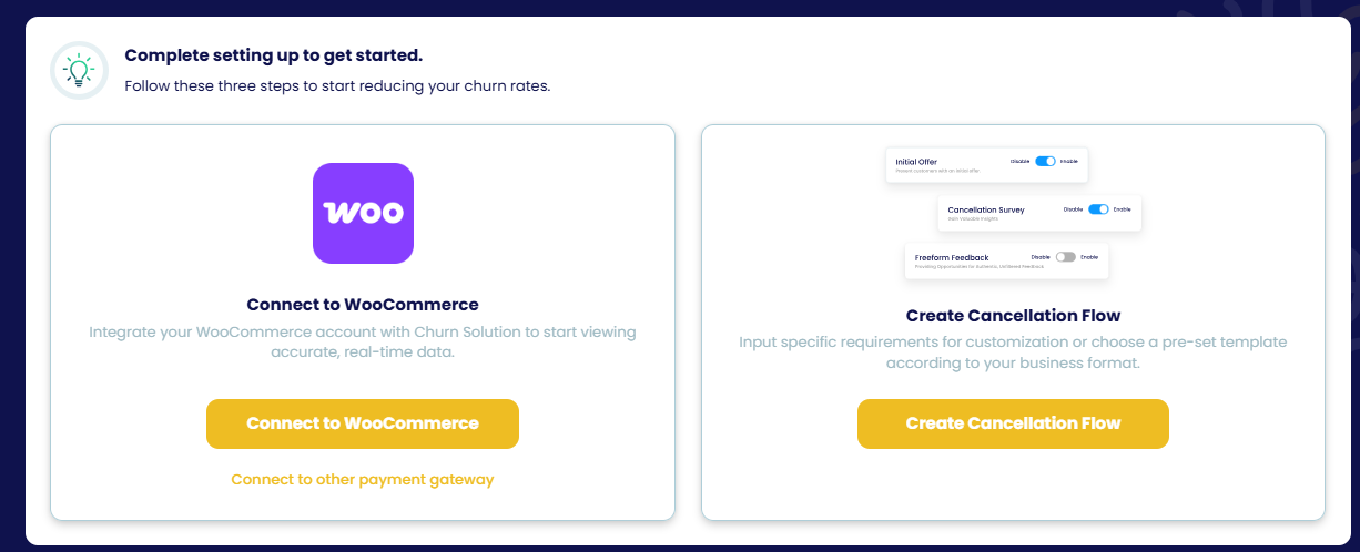 The two steps shown on the Churn Solution dashboard after sign-up