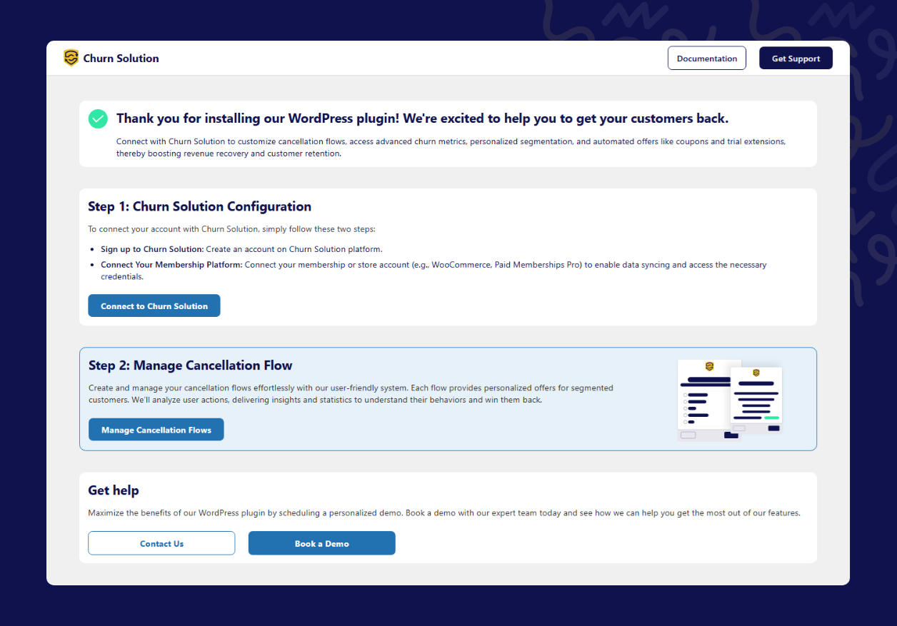 The Churn Solution plugin page in WordPress.