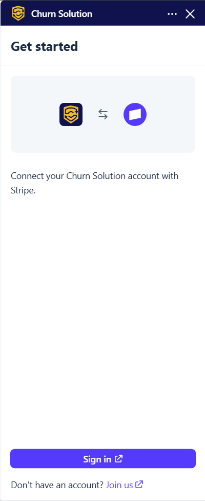 Get started screen of the Churn Solution Stripe app