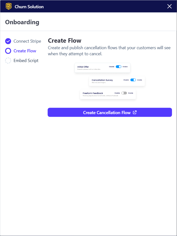 Onboarding steps to connect Stripe, create a flow and embed the script