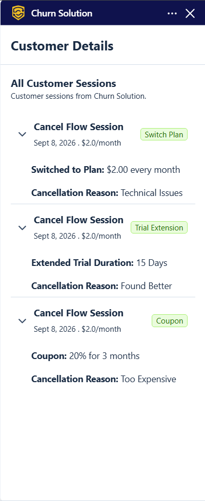 Customer details with all cancel flow sessions