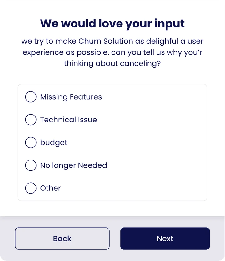 Churn Solution exit survey asking why the customer is cancelling