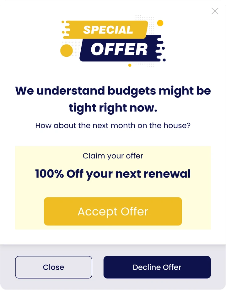 Churn Solution special offer screen: 100% off the next renewal