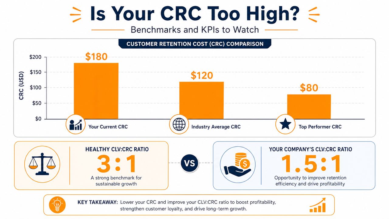A chart comparing Customer Retention Costs and CLV:CRC ratios to identify opportunities for improved business profitability.