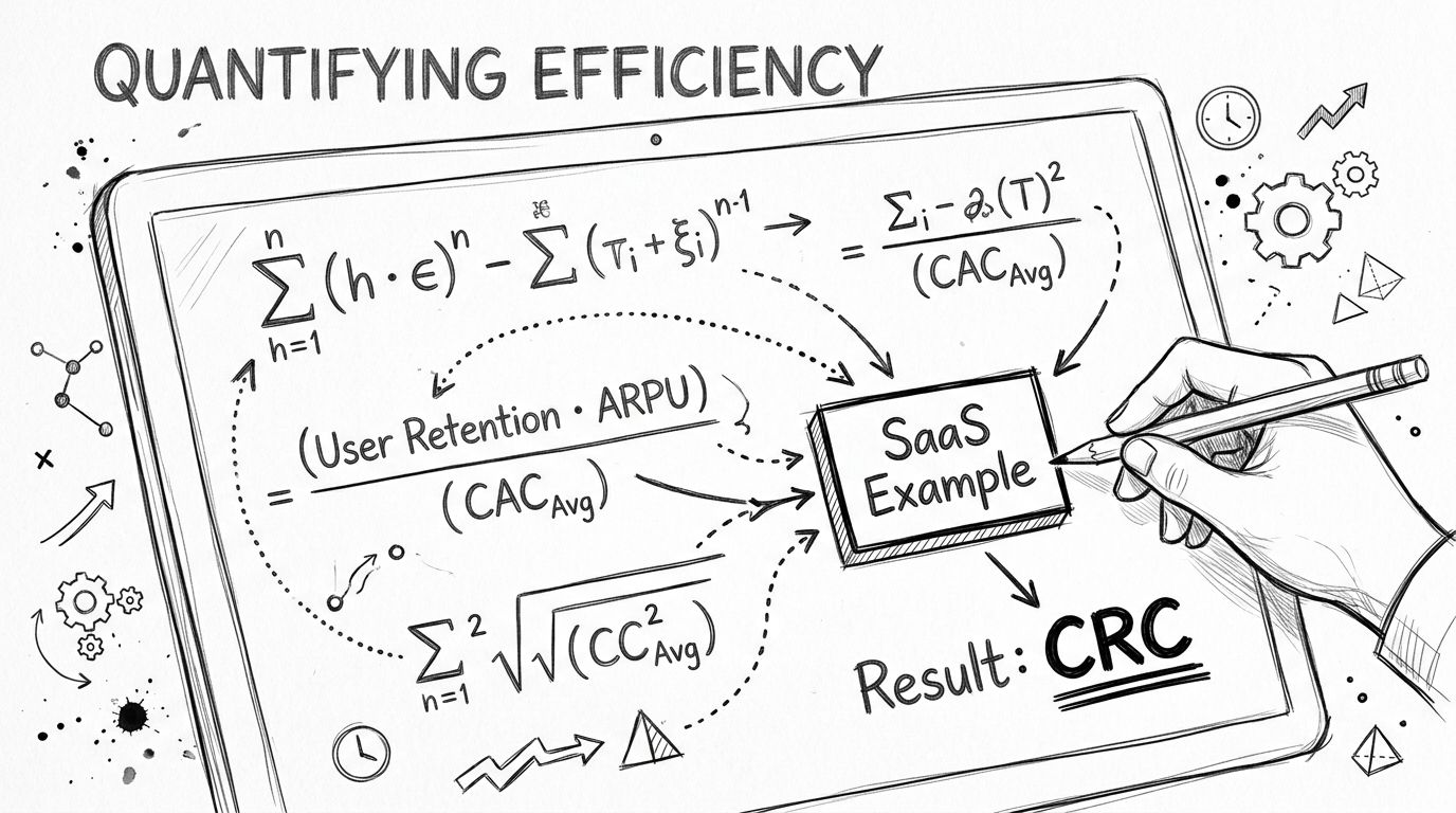 A hand drawing complex mathematical formulas related to SaaS efficiency and customer retention costs on a tablet screen.