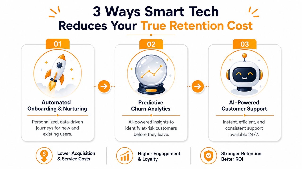 An infographic showing three ways smart technology helps businesses reduce their total customer retention costs effectively.