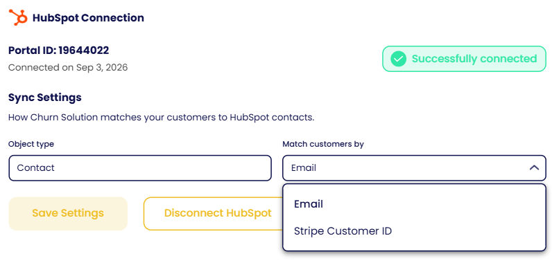 HubSpot connection settings