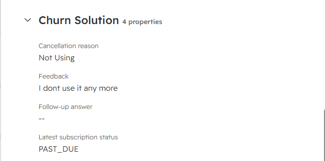 Churn Solution properties on a HubSpot contact