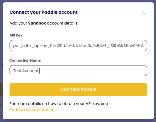 Connect your Paddle account dialog in Churn Solution
