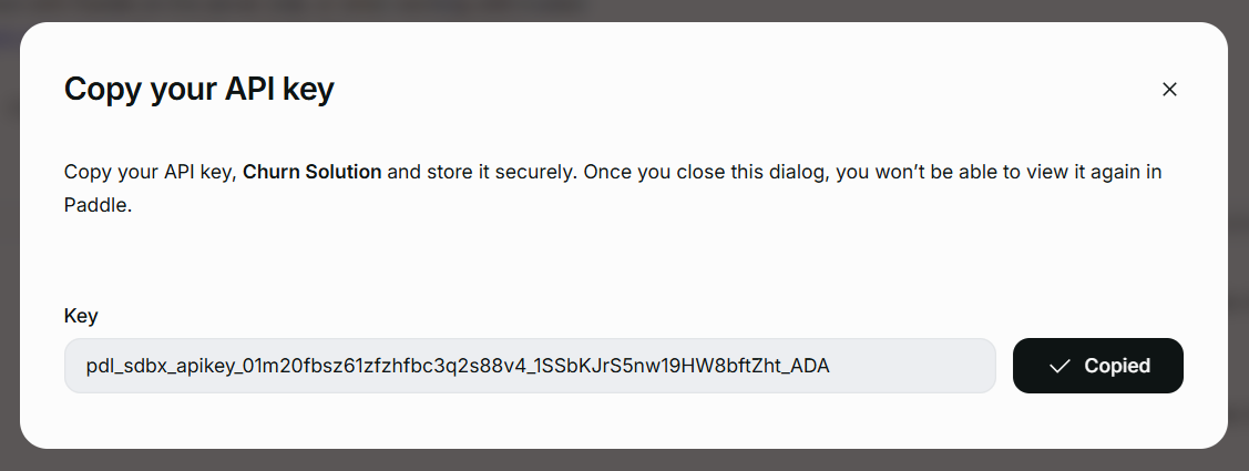 Copy your API key dialog in Paddle