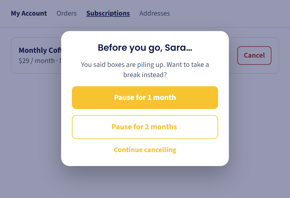 Customer portal cancel with a pause offer: Before you go…
