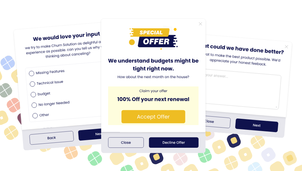 Cancellation survey, special offer and feedback form screens