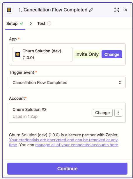 The trigger Setup tab in Zapier showing the Churn Solution app, trigger event and connected account