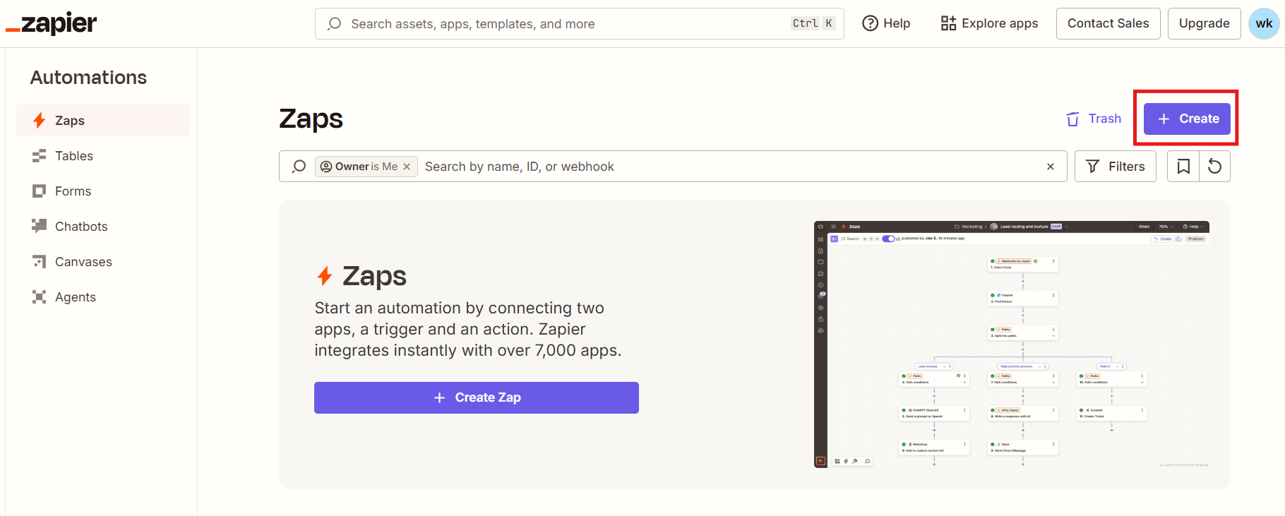 The Zaps page in Zapier with the Create button highlighted