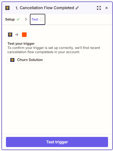 The Test tab of the Cancellation Flow Completed trigger in Zapier